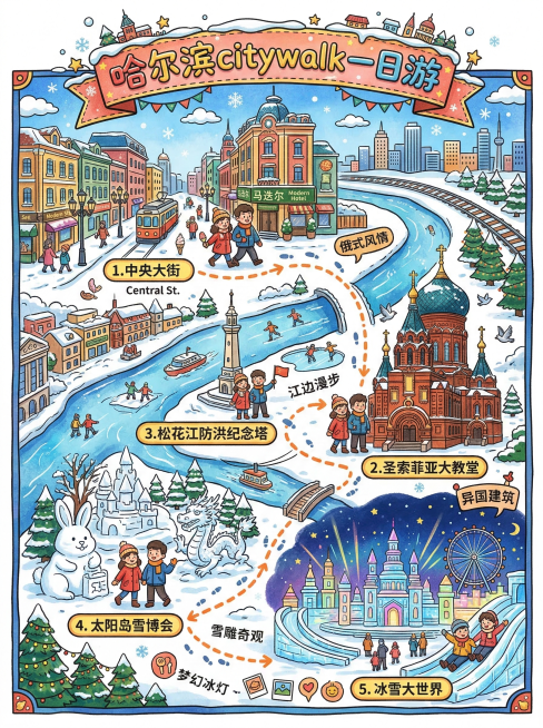 色彩鲜艳的手绘风格哈尔滨citywalk一日游旅游攻略插画，包含中央大街、圣索菲亚大教堂、松花江防洪纪念塔、太阳岛雪博会、冰雪大世界等标志性景点，以地图形式呈现游览路线，配有中文标题"哈尔滨cityw预览效果