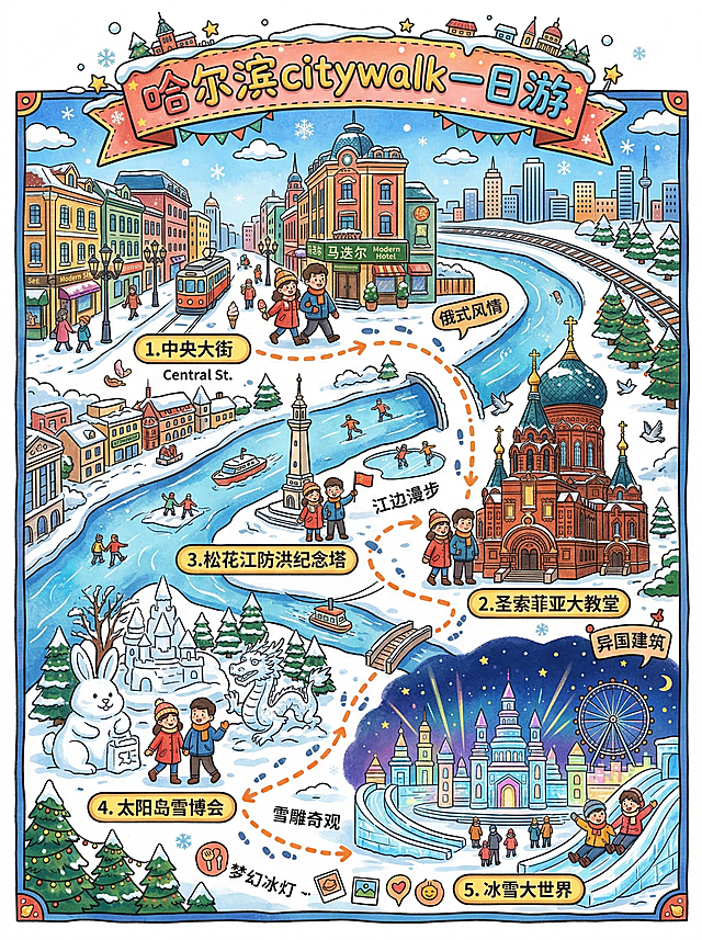 色彩鲜艳的手绘风格哈尔滨citywalk一日游旅游攻略插画，包含中央大街、圣索菲亚大教堂、松花江防洪纪念塔、太阳岛雪博会、冰雪大世界等标志性景点，以地图形式呈现游览路线，配有中文标题"哈尔滨citywalk一日游"，添加可爱的卡通人物形象在景点间行走，整体风格活泼生动，3:4竖版比例