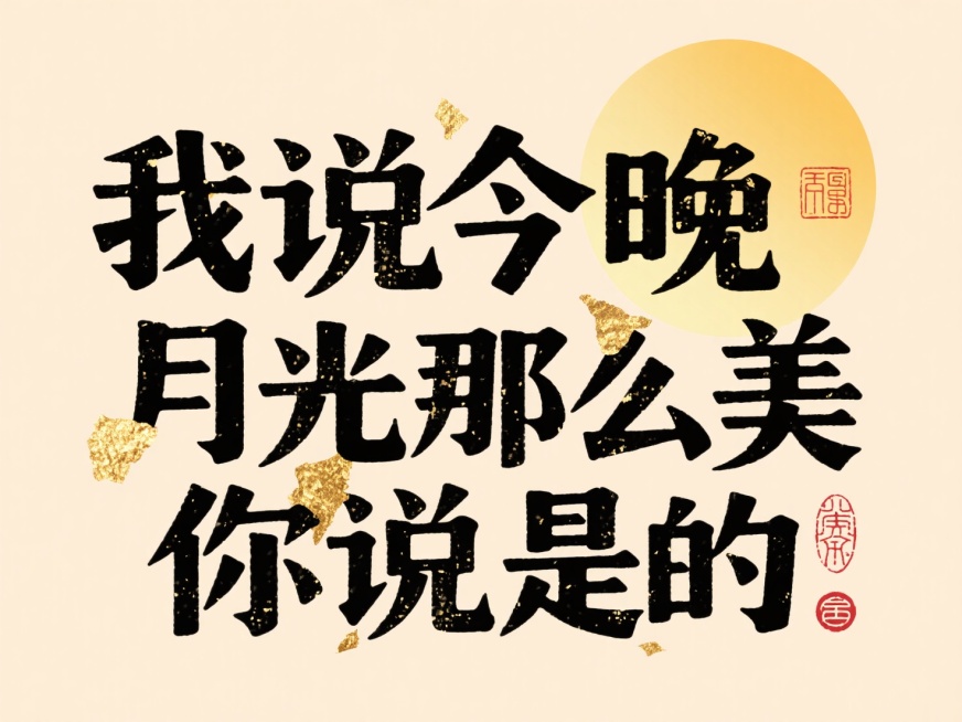 宋体， 文案“ 我说今晚 月光那么美 你说是的 ”，文字布局紧凑，背景浅米色点缀少量金箔，中心融入渐变黄色圆形模拟月亮，右上角和右下角添加中式红色印章预览效果