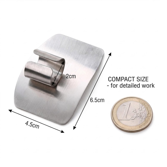 Size comparison: stainless steel finger guard placed next to a common coin to show its compact size,预览效果
