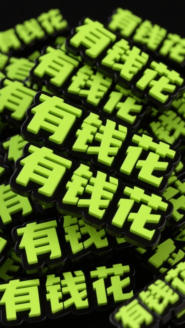 黑色背景上，大量 “有钱花” 文字以荧光绿色立体字粗体（带黑色外框）重复密集，重复交叠，交错叠放预览效果
