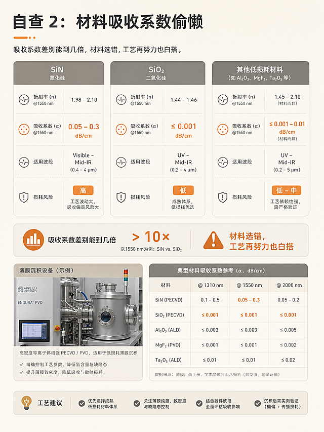 小红书微纳光电子工艺正文配图，3:4竖版，暖米白背景、低饱和砂灰信息卡片、低饱和暖橙重点数字高亮、无手绘、无手写、无纸纹。标题：“自查 2：材料吸收系数偷懒”。画面为材料选择对比卡片，三栏分别展示：“SiN”“SiO₂”“其他低损耗材料”，每栏包含折射率、吸收系数、适用波段、损耗风险。重点标注：“吸收系数差别能到几倍”“材料选错，工艺再努力也白搭”。辅助元素为真实薄膜沉积设备局部小图和材料参数表，暖橙色只高亮关键吸收系数与风险等级。整体规整、真实、信息丰富但不杂乱。