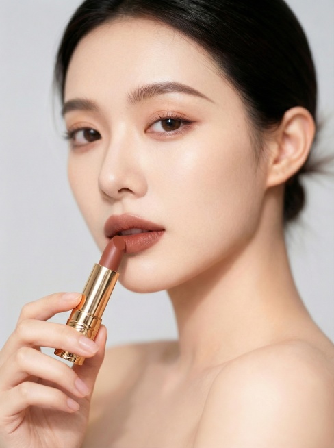将图1中的口红颜色替换为图2中的裸棕色调，同时将模特的唇色也调整为同款裸棕色，保持画面的高级简约美妆氛围预览效果