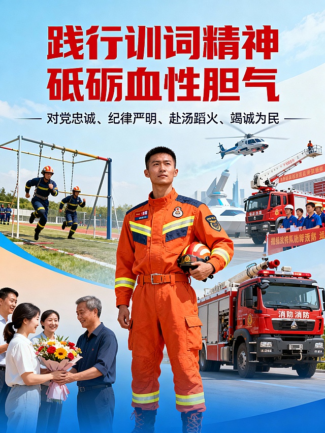 画面中心是身着橙色救援服的消防员形象，身姿挺拔，背景融合训练场景与现代化消防装备，左侧有群众向消防员献花的温馨画面，右侧展示消防宣传的场景。上方用红色艺术字呈现“践行训词精神 砥砺血性胆气”，下方以蓝色渐变背景衬托“对党忠诚、纪律严明、赴汤蹈火、竭诚为民”四句话方针，整体色调明快，充满正能量，体现队伍改制后的专业风貌与群众拥护。