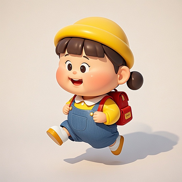 软3D风卡通形象，可爱小女孩奔跑姿态，色彩明亮，充满童趣与活力。