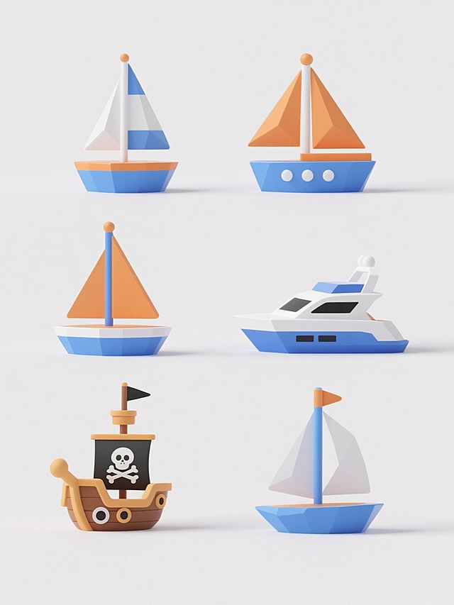 六个不同造型的3D立体帆船系列素材集合，每个帆船均保持蓝白橙配色方案，具有圆润的几何体块感、光滑的塑料质感和柔和的高光阴影表现，帆船造型分别为：单桅小帆船、双桅三角帆船、复古大帆船、现代游艇式帆船、卡通海盗船、简约抽象帆船，所有帆船规整排布在纯白色纯色背景上，整体呈现出统一的低多边形3D设计风格和清新明快的氛围。