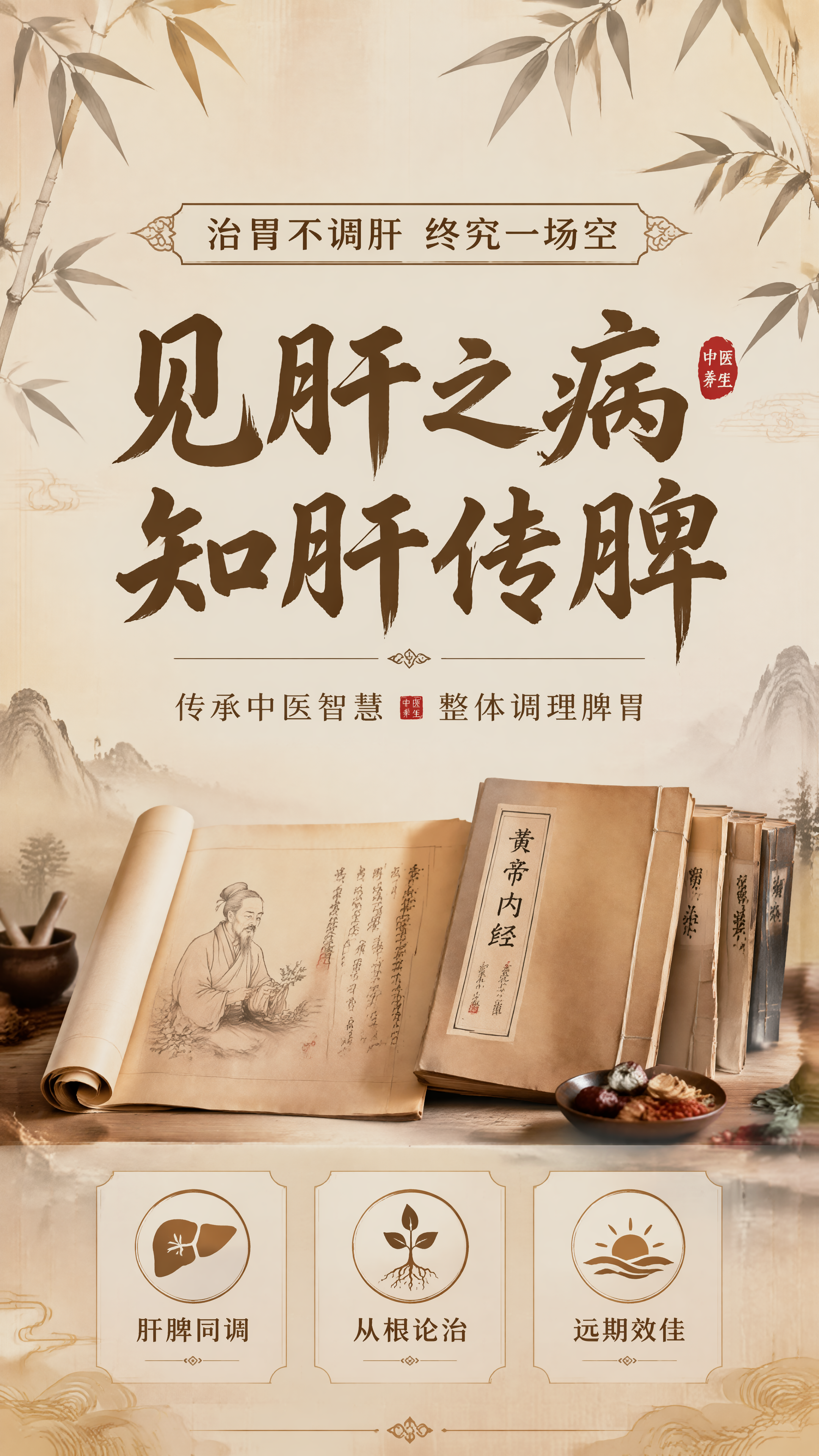 新中式国风中医养生海报，雅致古朴风格，淡雅宣纸背景，搭配古卷与… - 图片创意预览