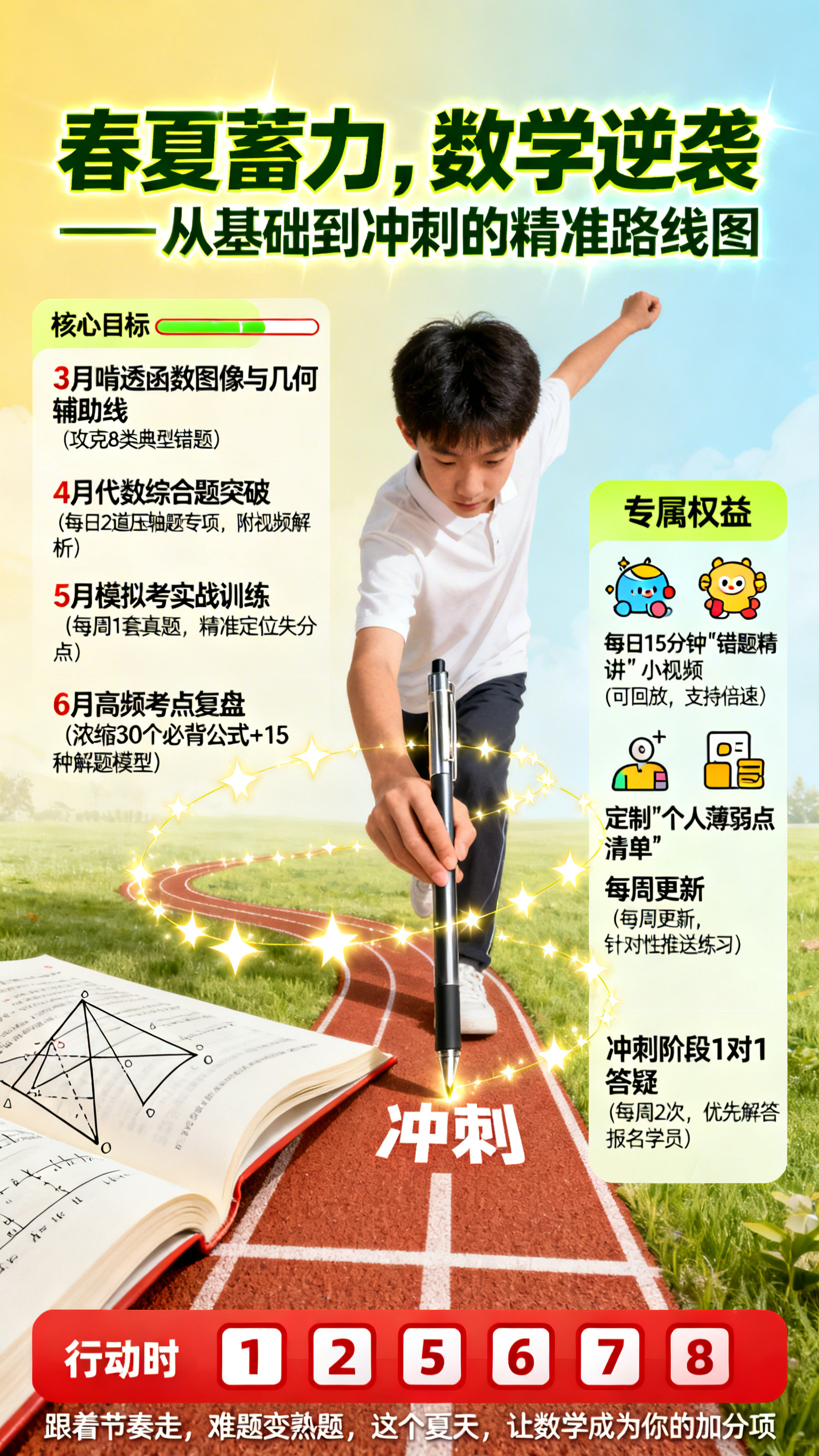 初二数学冲刺春夏规划海报，背景是渐变暖黄与浅蓝的撞色，像从初春… - 图片创意预览