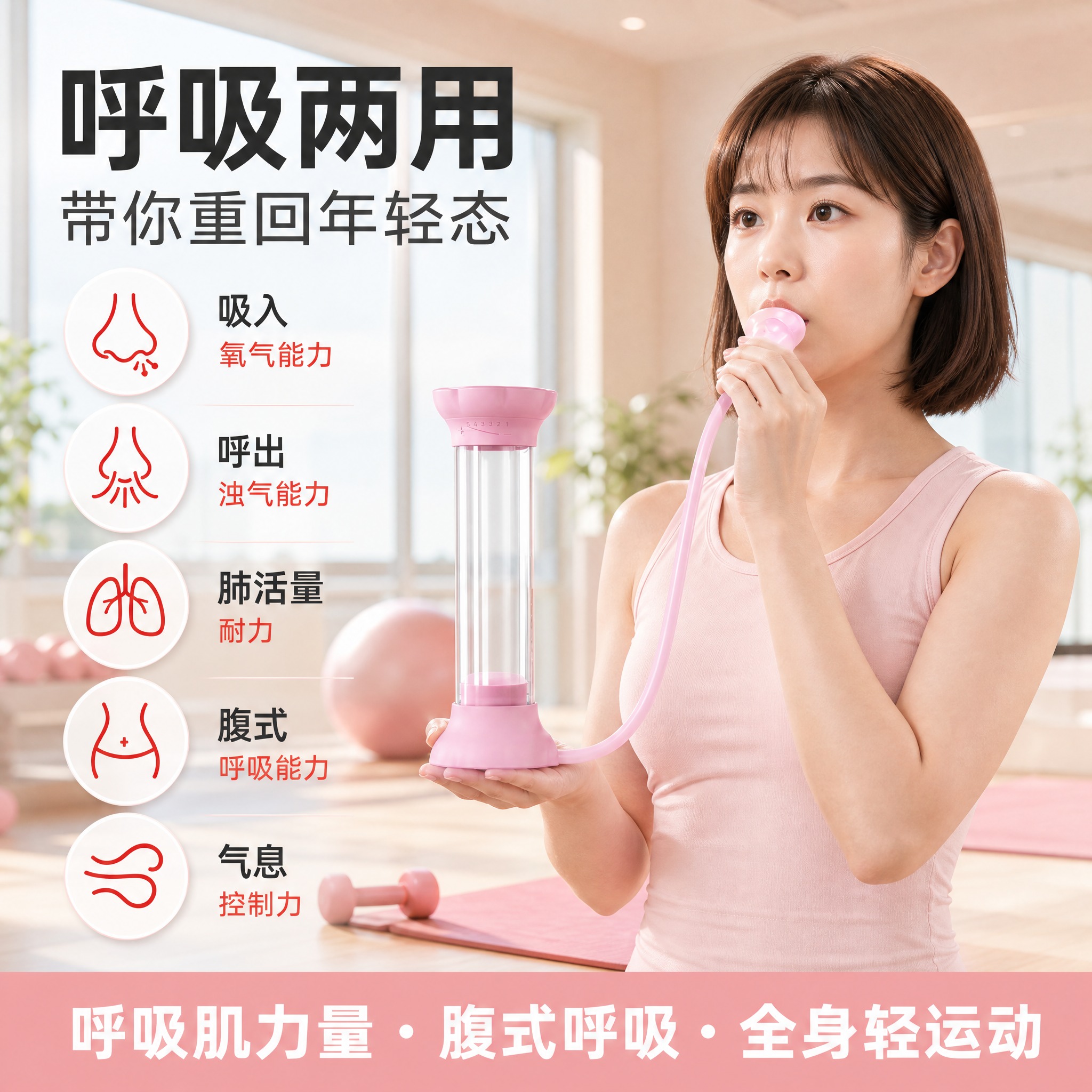 [主图-1] 呼吸两用核心卖点展示，女性使用粉色呼吸训练器，突… - 图片创意预览