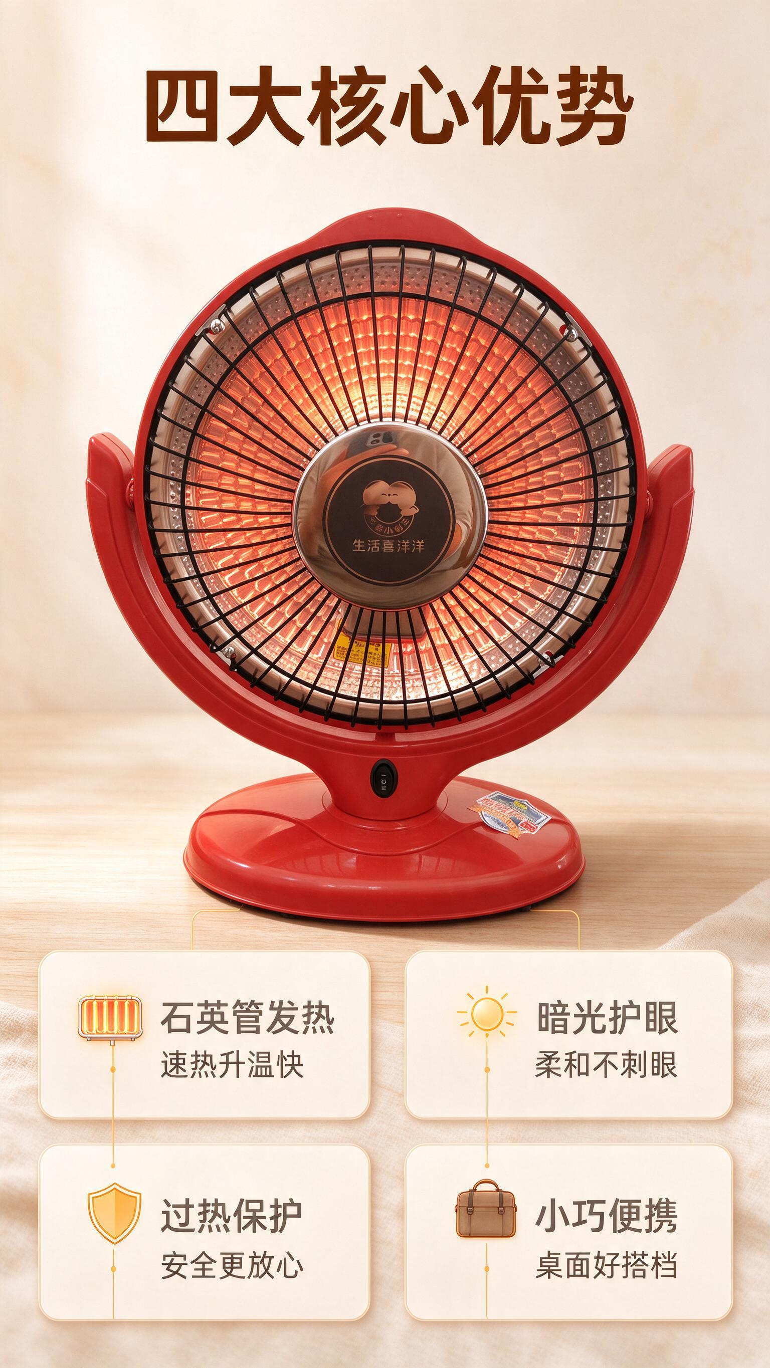 [商品] 使用【图1】红色台式小太阳取暖器；保留圆形红色外壳、… - 图片创意预览