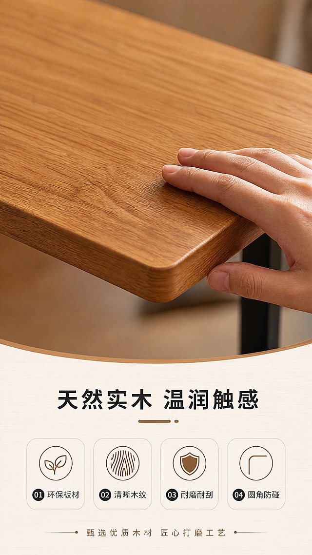 [商品] 使用【图1】北欧简约书桌桌面部分；保留橡木色实木桌面的天然木纹纹理、颜色、圆角边缘与厚度；重点展示桌面材质的细腻质感。
[画面] 目标：材质工艺证明，特写实木桌面纹理与触感。上特写下说明构图，上方2/3为桌面微距特写，下方1/3为文案与图标区；一只手轻轻抚摸桌面边缘（仅手部，不露脸），体现温润触感；桌面木纹清晰可见，有自然的深浅变化；45°俯视角，桌面占画面约70%；背景虚化处理，突出材质本身。
[视觉] 套系策略：风格=北欧极简高级家居商业摄影；标题字=现代无衬线粗体；正文字=简洁无衬线体；主色=原木暖棕；背景延展=基于原木暖棕做深浅层级、米白渐变和细腻木纹/哑光纸张质感；强调色=深炭黑，仅用于小面积图标、引线和标签；标题色=深炭灰；正文色=中暖灰；组件=圆角浅底信息卡、细线引线、数字序号胶囊；光影=左前侧暖柔光，柔和自然阴影。
[文字] 下方说明区：主标题"天然实木 温润触感"，4个材质卖点图标+文字"环保板材""清晰木纹""耐磨耐刮""圆角防碰"；底部一行小字说明"甄选优质木材 匠心打磨工艺"；全部横向排版。
[规格] 图片比例9:16竖版，4K，避免变形、错字、文字过小、冷蓝/蓝灰背景、木纹失真、极限词。