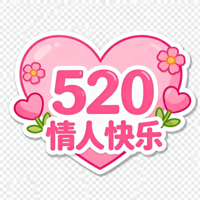 520情人节主题贴纸，PNG透明背景，粉色爱心、花朵、浪漫文字，甜蜜风格，可爱浪漫设计，适合装饰手账和贺卡，整体元素清晰突出预览效果