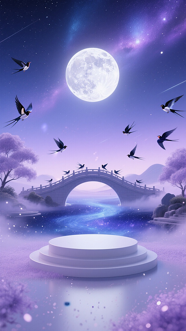 七夕传说，以满月、星河、鹊桥、飞鸟等元素构建梦幻场景，将传统鹊桥相会的浪漫与星空的浩瀚梦幻融合