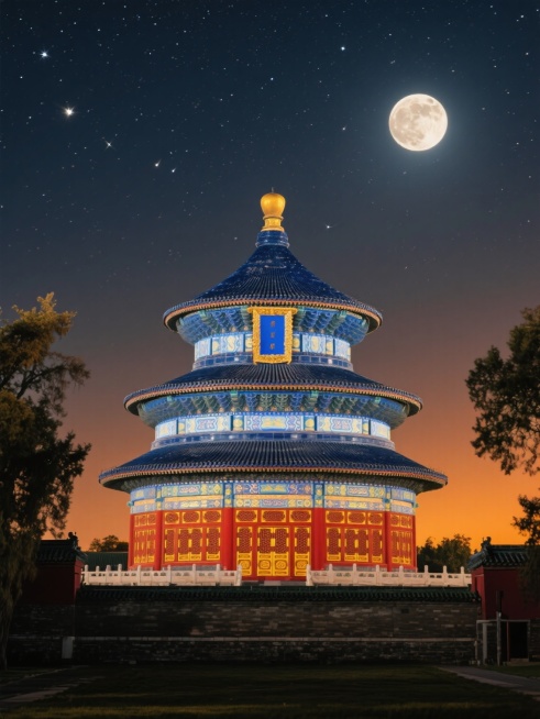 夜晚星空下的天坛祈年殿，三层蓝色琉璃瓦屋顶，金色宝顶，红色立柱和门窗，黄色和蓝色的装饰纹样，周围有树木和城墙，色调改为温暖的橙黄色调，月光柔和，星光点缀，建筑细节清晰，整体氛围宁静而庄重预览效果