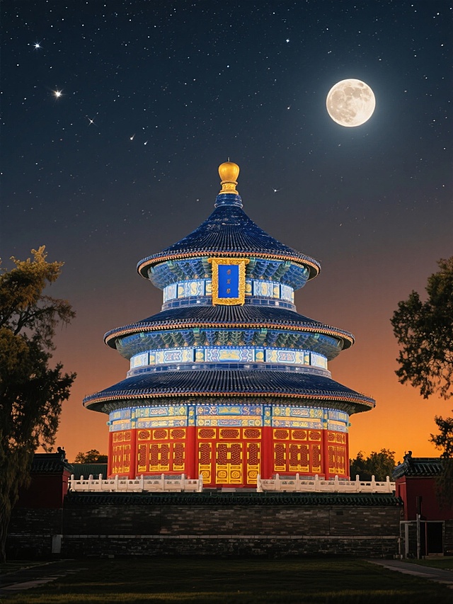 夜晚星空下的天坛祈年殿，三层蓝色琉璃瓦屋顶，金色宝顶，红色立柱和门窗，黄色和蓝色的装饰纹样，周围有树木和城墙，色调改为温暖的橙黄色调，月光柔和，星光点缀，建筑细节清晰，整体氛围宁静而庄重