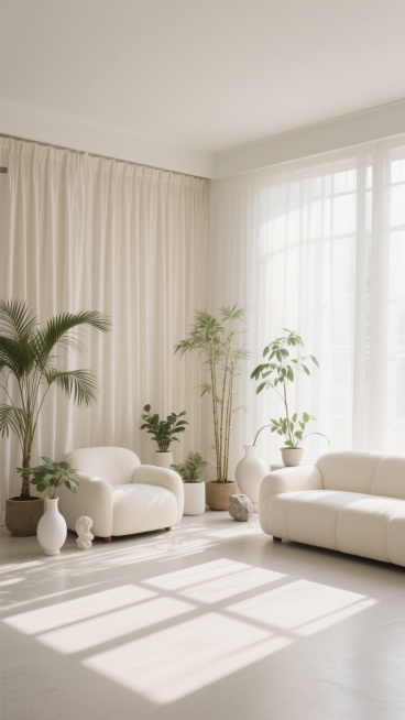 极简主义风格直播间背景，柔和米白色调为主，大面积垂坠感极佳的米白色丝绒窗帘作为背景，自然光透过窗帘形成温暖柔和的光影效果，地面投射出明显的窗格光影。不同角度展示室内摆设布置，包含米白色布艺沙发、多个不同造型的绿植盆栽（如散尾葵、细竹）、白色陶瓷花瓶、小型装饰石雕摆件，整体营造出宁静、明亮、高级的居家氛围，适合作为直播背景使用。预览效果