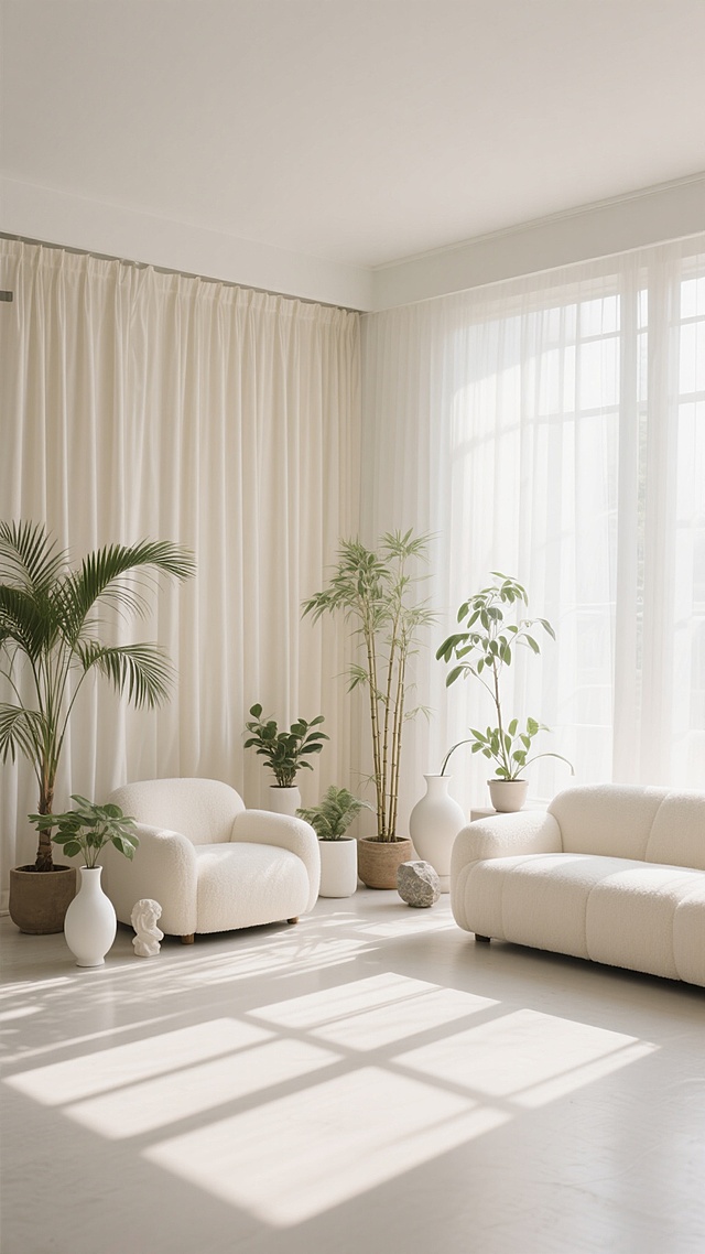 极简主义风格直播间背景，柔和米白色调为主，大面积垂坠感极佳的米白色丝绒窗帘作为背景，自然光透过窗帘形成温暖柔和的光影效果，地面投射出明显的窗格光影。不同角度展示室内摆设布置，包含米白色布艺沙发、多个不同造型的绿植盆栽（如散尾葵、细竹）、白色陶瓷花瓶、小型装饰石雕摆件，整体营造出宁静、明亮、高级的居家氛围，适合作为直播背景使用。