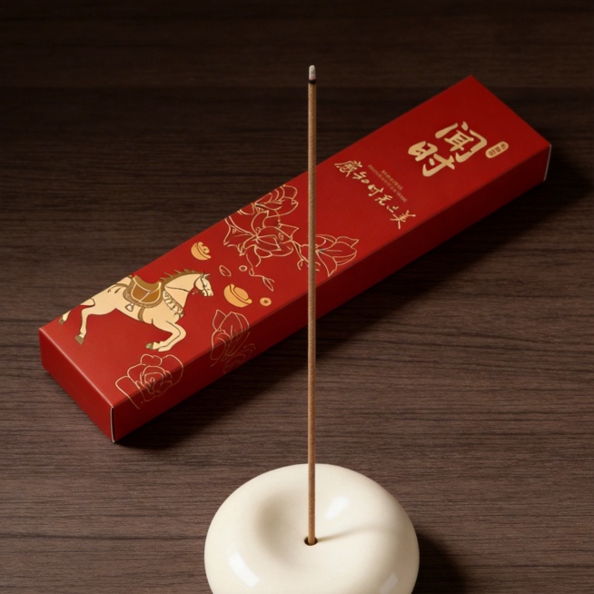 特写展示闻时马上有钱好运香的细节，包括红色包装盒上的金色骏马图案、香插的温润质感、线香的细腻纹理，突出产品精致工艺，适合KOL朋友圈、小红书发布预览效果