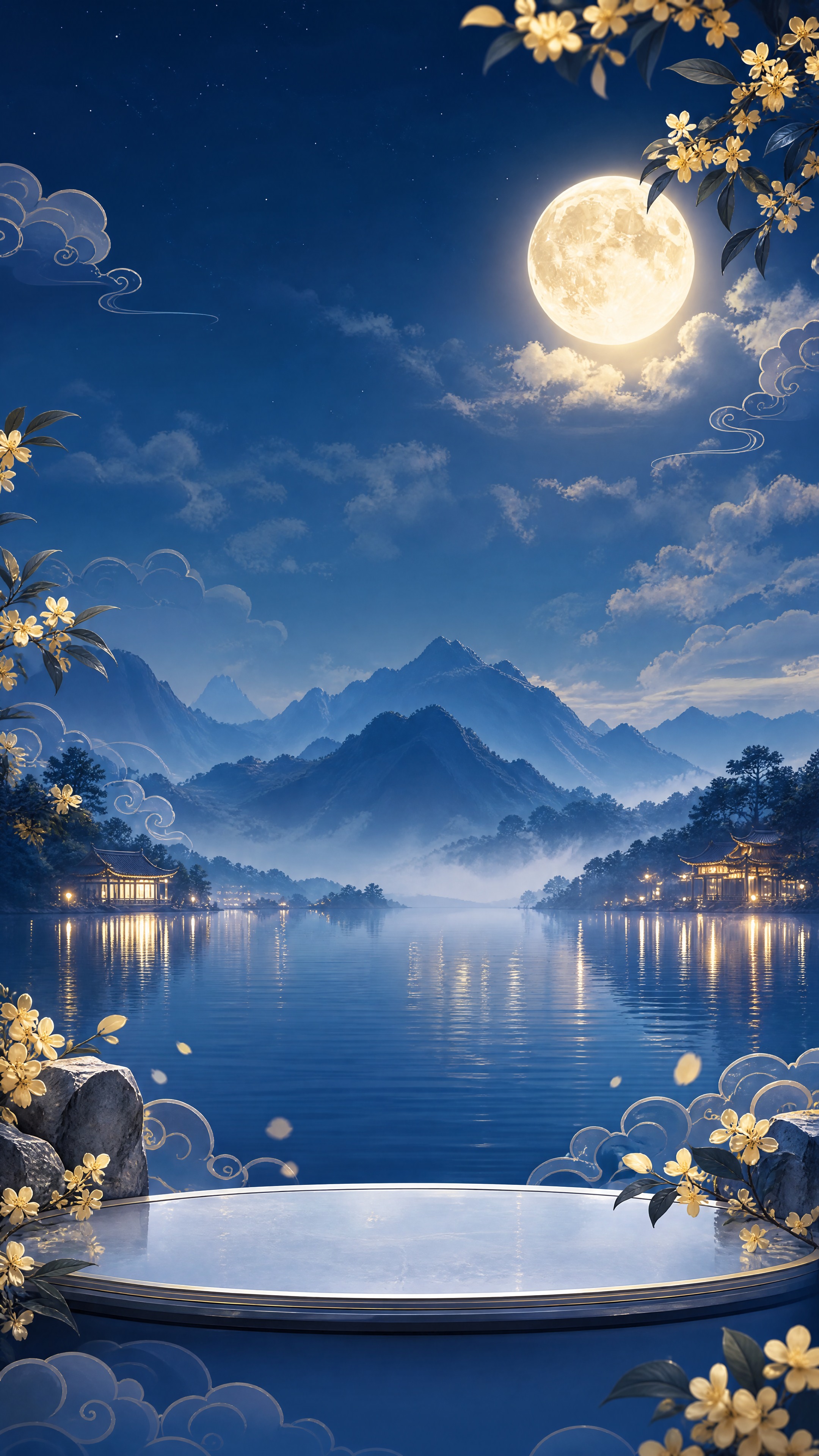 参考图风格的中秋节直播间背景图，9:16竖版，深蓝色调，夜空满… - 图片创意预览