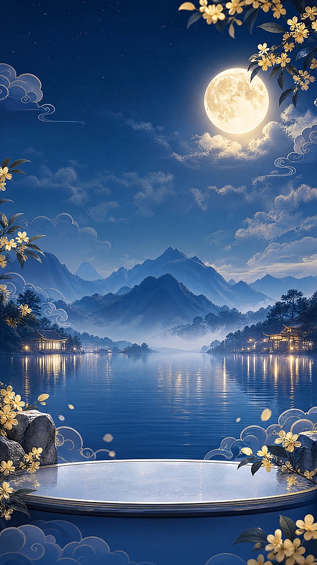 参考图风格的中秋节直播间背景图，9:16竖版，深蓝色调，夜空满月，远山湖面倒影，桂花枝叶点缀，祥云缭绕，中秋节日氛围浓厚，画面中间预留主播站位区域，上下区域可放置直播贴片，高级质感，电商直播背景，4K超清