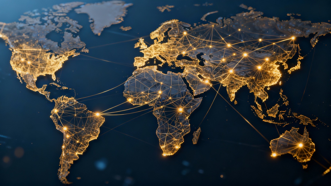 Global finance background, abstract world map made of digital lines and nodes, dark blue and gold gl预览效果