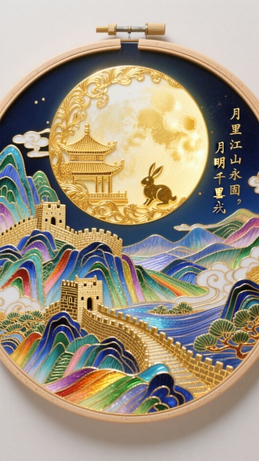 一幅圆形构图，如同一个精美的绣绷。画面中央是一轮用盘金绣工艺绣制的满月，金线立体饱满，熠熠生辉。月亮中隐约可见广寒宫与玉兔的剪影。月亮的金色光辉向下洒落，照亮了用五彩丝线满绣而成的锦绣山河与长城，寓意预览效果