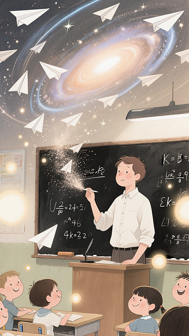 梦幻插画风，教室与星系双重曝光，纸飞机穿梭，知识探索无限。