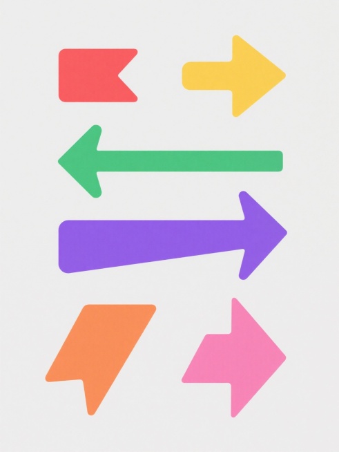 纯白色背景，6个造型完全不同的箭头图标系列素材集合规整排布，保持原简约扁平矢量风格，箭头整体色彩分别变换为纯红色、纯黄色、纯绿色、纯紫色、纯橙色、纯粉色，每个箭头均为单一纯色填充，无渐变效果，轮廓清晰边缘锐利，图形元素简洁几何化，视觉层级分明，信息传达高效，整体设计感统一且符合现代简约图标设计审美。预览效果