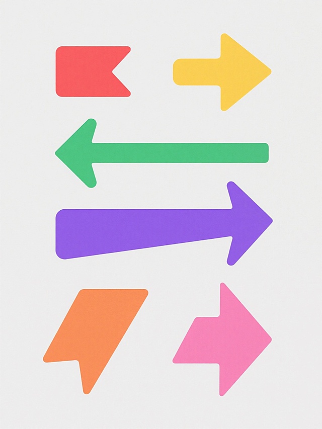 纯白色背景，6个造型完全不同的箭头图标系列素材集合规整排布，保持原简约扁平矢量风格，箭头整体色彩分别变换为纯红色、纯黄色、纯绿色、纯紫色、纯橙色、纯粉色，每个箭头均为单一纯色填充，无渐变效果，轮廓清晰边缘锐利，图形元素简洁几何化，视觉层级分明，信息传达高效，整体设计感统一且符合现代简约图标设计审美。