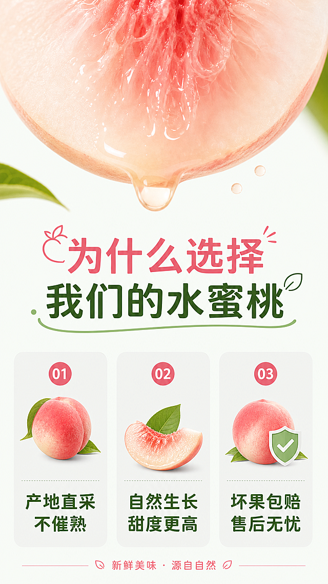 清新自然风，3D质感水蜜桃特写，结合现代简约排版，突出产品新鲜与健康，传递天然美味的视觉体验。