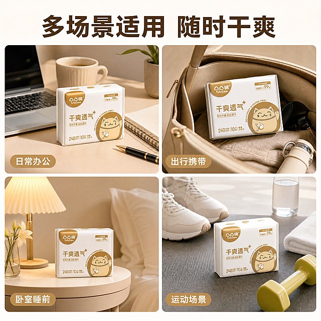 [主图-4] 凸凸棉卫生巾多场景适用展示主图
[氛围风格] 真实日常温馨生活风
[画质] 商业摄影质感，真实自然，光线柔和清晰
[元素] 四宫格展示卫生巾四个日常适用场景：日常办公、出行携带、卧室睡前、运动场景，每个场景自然融入卫生巾产品，保持产品外观与原图一致不变形。整体场景真实自然，代入感强，展示多场景适配性，画面干净协调。
[光影] 每个场景都使用柔和自然光，整体光影统一，温馨自然
[配色] 保持产品原色调，场景背景低饱和度，不抢产品主体
[视角构图] 四宫格平分构图，每个场景完整展示，比例协调
[文字版式] 顶部大标题"多场景适用 随时干爽"，深棕色粗体，每个场景左下角标注场景名称文字，文字清晰不遮挡主体。
[比例分辨率] 1:1 比例，4k 分辨率，文字清晰可辨，超高清
[负向提示词] 变形，水印，文字错乱，产品变形，场景杂乱，光影不统一