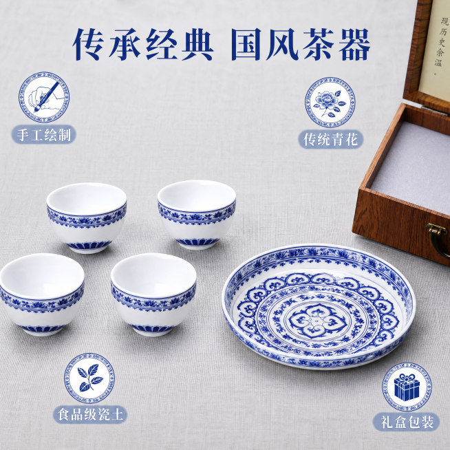 [主图-2] 宝相花青花瓷茶具套装工艺亮点展示。
[氛围风格] 传统国风雅致品质感，干净通透。
[画质] 商业摄影质感、光线柔和通透、产品清晰真实、画面干净高级。
[元素] 四杯一承整套茶具取出礼盒，预览效果