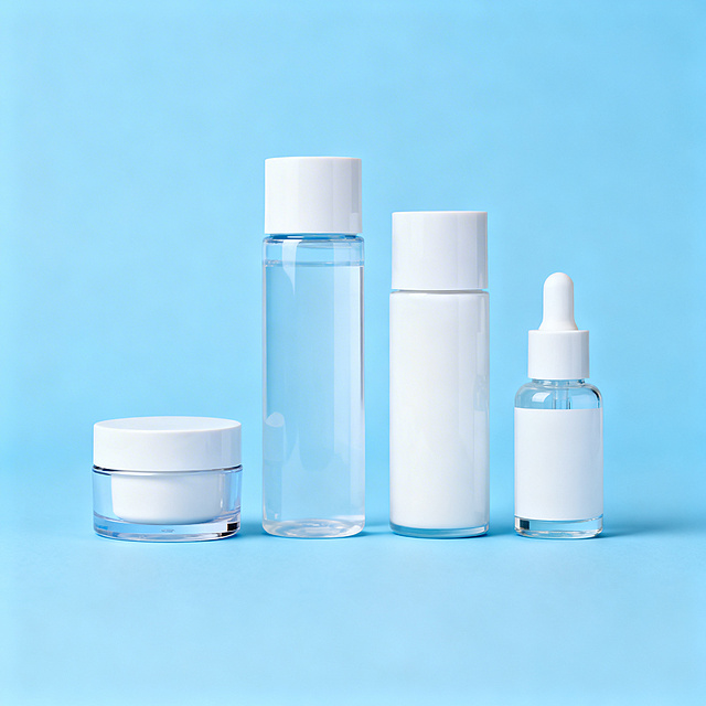 整齐排列一系列蓝白色系护肤品，包含面霜、水乳、精华，所有产品都正面展示，独立分开保留间距，纯色干净背景，方便抠图，清晰展示每个产品正面轮廓，整体干净清爽