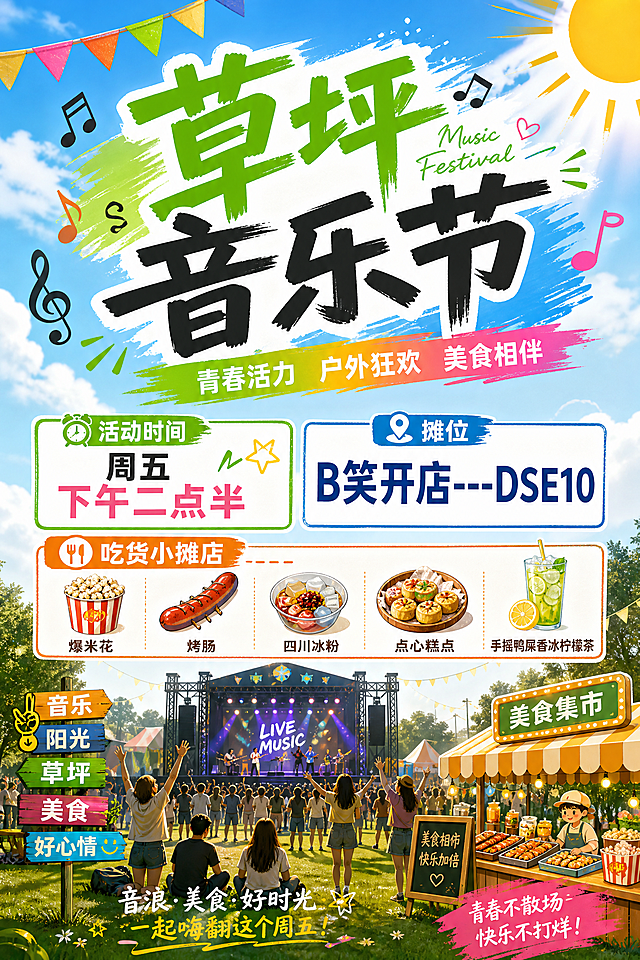 插画风融合水彩质感，大字风标题搭配拟人化元素，营造清新喜庆的卡通感，展现青春洋溢的草坪音乐节氛围。