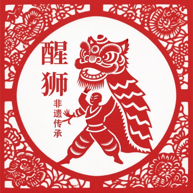原创非遗中国剪纸风格插画，国风国潮新中式美学，主体是传统舞狮人物，搭配传统民俗纹样，古风场景，版式松弛留白舒适，文字极简，只保留主标题"醒狮"和主题 slogan"非遗传承"，色彩统一和谐，系列感统一预览效果