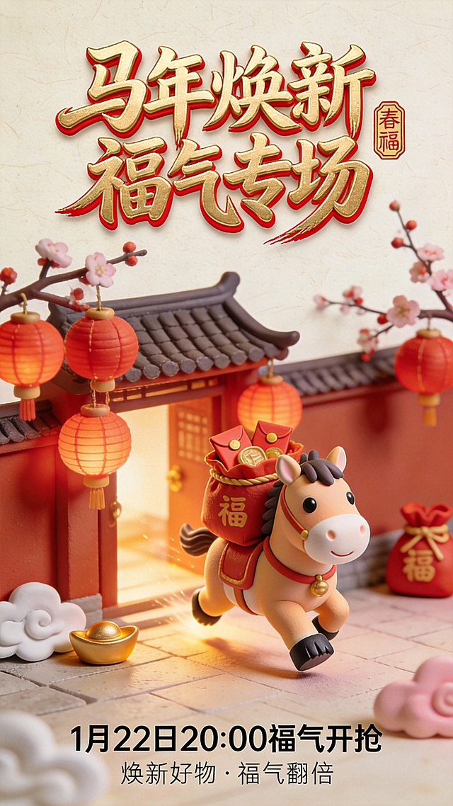 软3D风微缩艺术场景，卡通小马驮福袋奔腾，中式建筑与红灯笼烘托喜庆氛围，鎏金字体点缀春日福气，传递新春祝福。