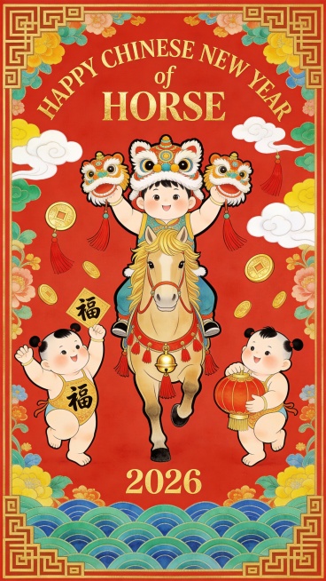 动画风格。主体为舞狮少年骑金鬃骏马（少年头戴狮头帽，双手挥舞狮头；骏马马具饰红流苏与金色铃铛，呈迈步姿态）。马匹两侧有两个福娃（左侧举 “福” 字欢呼；右侧怀抱大红灯笼）。空中飘浮金色铜钱、红色流苏、预览效果