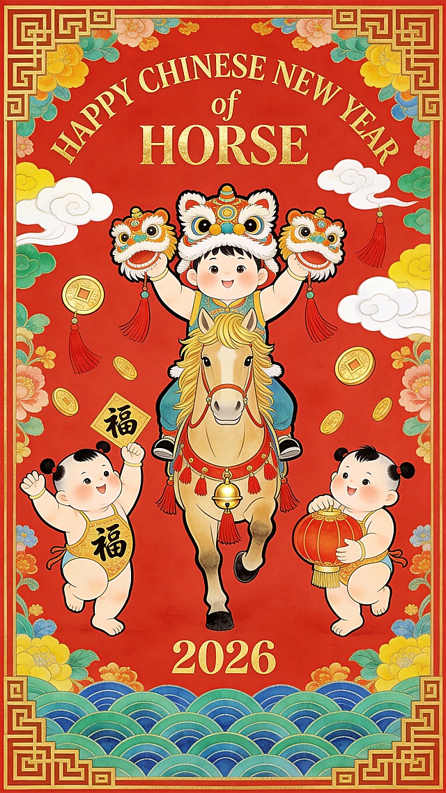 国潮风插画，拟人化童子骑马舞狮，剪纸元素与鎏金点缀，喜庆红底配祥云花卉，卡通感十足，传递2026马年新春祝福。