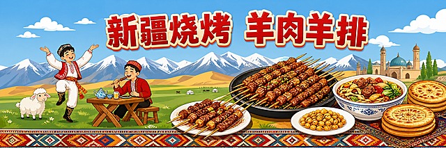 新疆烧烤主题餐厅墙面彩绘，扁平卡通插画风格，超宽横向比例10:3（5:1.5米横版）。画面左侧留一点空位。

背景层：
- 天空：浅蓝色底色，点缀几团简约的白色云朵，卡通风格。
- 远景：连绵的雪山，白色峰顶+灰蓝色山体，简约扁平画法；雪山下方是金黄色沙漠和淡绿色草原地貌，层次分明。

顶部文字：
- 顶部醒目立体红字："新疆烧烤 羊肉羊排"，八个大字，带浅红色外描边和轻微立体效果，字号大，醒目突出，在天空区域居中偏上。

画面左侧人物与动物：
- 跳舞男子：身着红白色新疆民族服饰，头戴小花帽，双手抬起，正在欢快地跳舞，表情开心，卡通风格可爱。
- 就餐男子：坐在木桌木凳上，红色上衣配深色裤子，头戴红帽，桌上放着饮品杯，正在吃东西，满足的表情。
- 小羊：草原上一只白色的绵羊，可爱卡通造型，站在草地上。
- （左侧最边缘留一点空位，不要放满）

画面中右侧美食区：
- 大盘烤串：黑色圆盘里满满一大把烤肉串，肉串色泽诱人，堆得高高的。
- 小盘烤串：圆形白盘盛放数串烤肉，整齐排列。
- 特色拌面/烩菜：双耳白瓷大碗，里面是色彩丰富的面食菜肴，有面条、蔬菜、肉块，颜色丰富。
- 小菜圆碟：白色圆盘装着黄色颗粒小菜（花生/鹰嘴豆），满满一碟。
- 馕饼：两摞烤馕，馕表面带有烤制的焦斑，金黄色，堆叠在一起。

底部民族纹样花边：
- 画面最底部搭配一条新疆民族纹样的花边饰带，参考新疆艾德莱斯风格，有菱形、几何图案，色彩丰富（红、橙、蓝、白等），起到收边装饰作用。

整体风格：扁平卡通插画，色彩鲜艳明快，线条简洁，新疆民族特色浓郁，适合餐厅墙面彩绘。超宽横向布局，内容丰富饱满，左侧留少量空位。版式精美，层次分明。