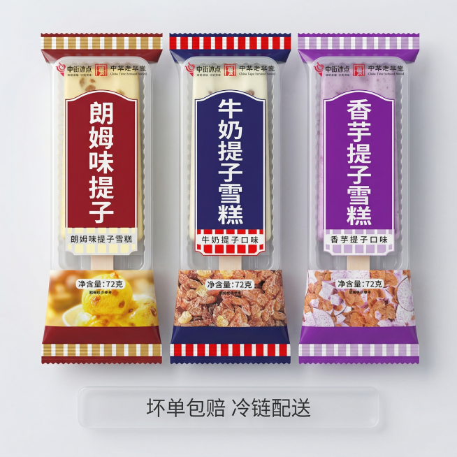 整齐展示三款口味雪糕：朗姆味提子、牛奶提子、香芋提子，三款横向并排排列，清晰呈现三款不同包装设计，底部半透明悬浮条排列服务卖点“坏单包赔 冷链配送”，文字不遮挡产品，整体干净清爽，风格与前四幅统一，1预览效果