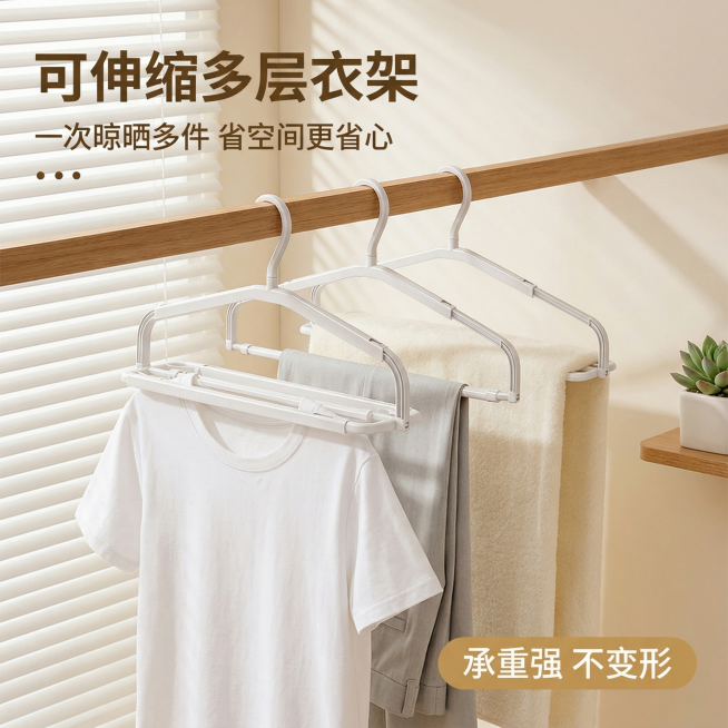多层伸缩衣架电商主图，清新实用家居风格，柔和午后自然光，产品居中挂在阳台原木晾衣杆上，同时悬挂T恤、裤子和毛巾，完整展示多层晾晒能力，背景是暖米色墙面配白色百叶窗，角落放小型多肉绿植，光影柔和自然。左预览效果