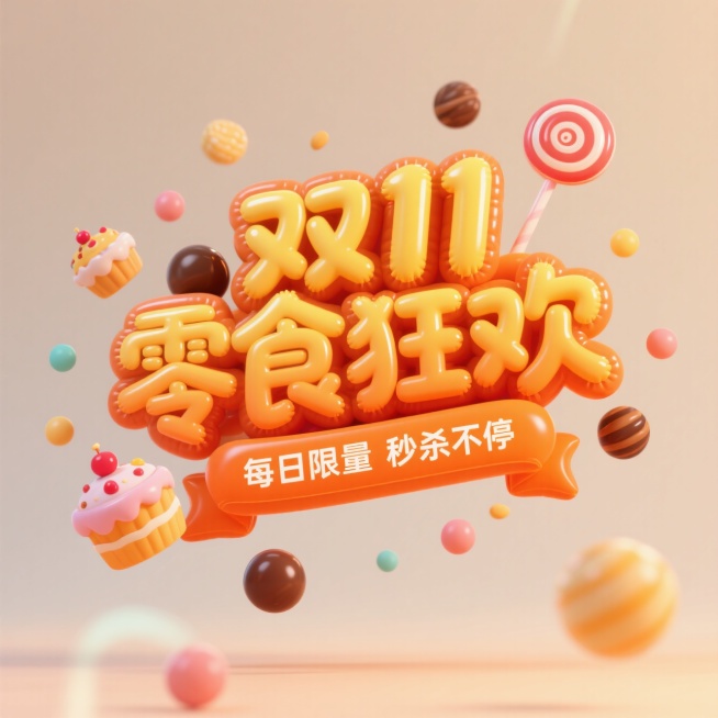 背景简约干净，居中构图。主标题“双11 零食狂欢”，笔画圆润饱满，橙黄色渐变，边缘高光闪亮。副标题“每日限量 秒杀不停”置于橙色光条内。周围点缀 卡通风格小蛋糕、圆形糖果、巧克力球、棒棒糖、糖果粒子，预览效果