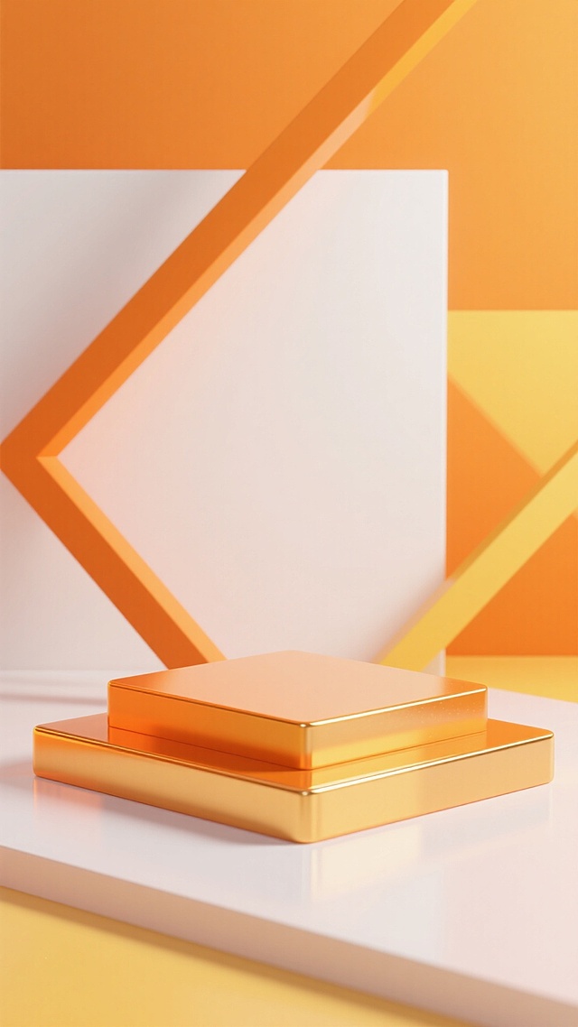 橙色展示台置于有光泽的橙色几何结构上，背景是纯色的橙色与黄色板材。光线柔和，以白色和橙色为主色调，写实的3D渲染风格。