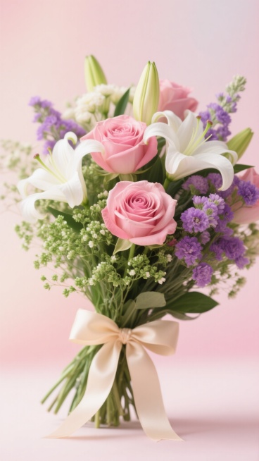 一束色彩鲜艳的鲜花，包含粉色玫瑰、白色百合、紫色勿忘我和绿色满天星，花束用浅色系丝带系成蝴蝶结，背景是柔和的浅粉色渐变，整体画面明亮清新，充满生机与美好预览效果