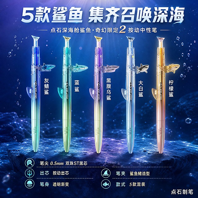 [主图-5] 点石深海舱鲨鱼奇幻限定2按动中性笔 款式矩阵与规格 5款全家福+参数信息。
[统一基调] 深海奇幻高级风格，整体以深海蓝、渐变紫、极光金为主色调，背景为深海渐变蓝紫色调，带水波纹、气泡、光影折射效果，字体为现代感无衬线粗体，标题字色为白色/冰蓝色，辅助字色为浅金色，整体高级质感、神秘奇幻、背景颜色协调统一，无厚重边框。
[画面] 画面上半部分展示5支不同款式的深海舱鲨鱼笔整齐排列成一排：灰鲭鲨、蓝鲨、黑腹乌鲨、大白鲨、柠檬鲨，每支笔的造型和渐变颜色都清晰展示，笔身有光影折射效果。下半部分用简约的线性图标+文字形式展示产品规格参数，排列整齐。背景是纯净的渐变深海蓝紫色，底部有淡淡的海底岩石平台承托产品，周围散落气泡和光斑作为装饰。产品外观、颜色与输入图完全一致。
[光影质感] 柔和顶光+正面补光，笔身立体感强，透明材质折射效果自然，底部有柔和接触阴影，整体干净高级。
[配色] 背景深海蓝紫渐变，产品多彩渐变，图标冰蓝色，文字白色+浅金，整体清爽高级。
[文字版式] 画面顶部大标题"5款鲨鱼 集齐召唤深海"。下方参数区用简约线性图标+文字形式："笔尖 0.5mm 双珠ST黑芯""出芯 按动出芯""笔身 透明渐变""笔夹 鲨鱼鳍造型""款式 5款混装"，每行一个参数，图标是海洋元素造型。右下角小字"点石制笔"。
[输出要求] 比例1:1，文字清晰排版整齐，产品清晰，深海奇幻高级感，无变形、错字、模糊、杂乱、水印、平台Logo。