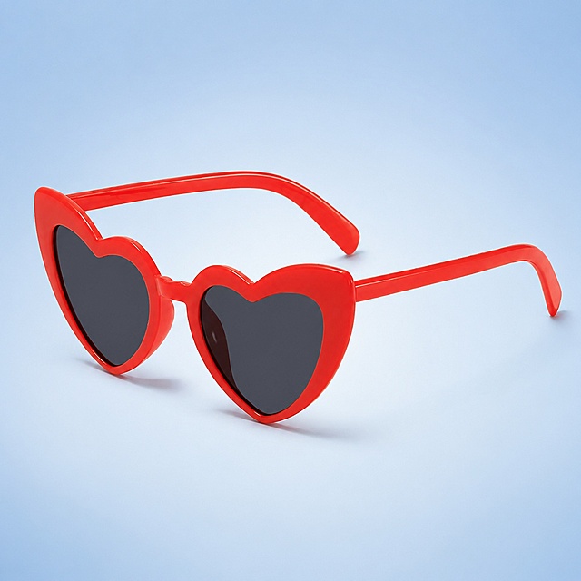 [Main Image 3] Red heart-shaped sunglasses, product display. Maintain the exact heart shape, bright red frame color, dark lens color and physical structure from the input image, keep color accurate. Low saturation light blue gradient background, product centered. No logos, no Chinese characters, Amazon cross-border compliant. Soft commercial lighting, clear product details, 1:1 square. Negative prompts: trademarks, Chinese text, watermarks, irrelevant objects.