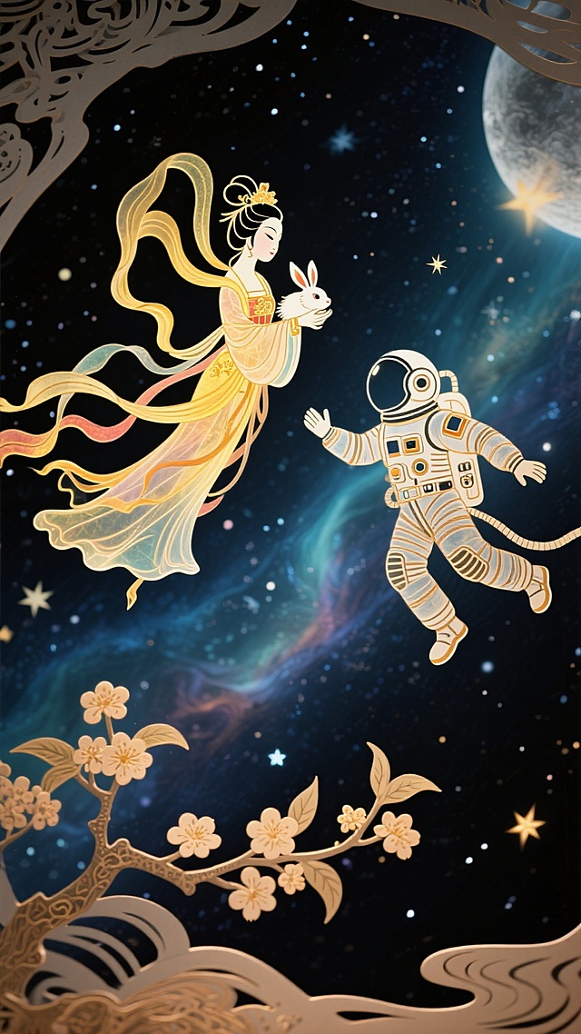 国潮风插画，嫦娥与宇航员在星河中相遇，融合中式美学与未来科技，鎏金剪纸质感，梦幻浪漫，中秋主题。