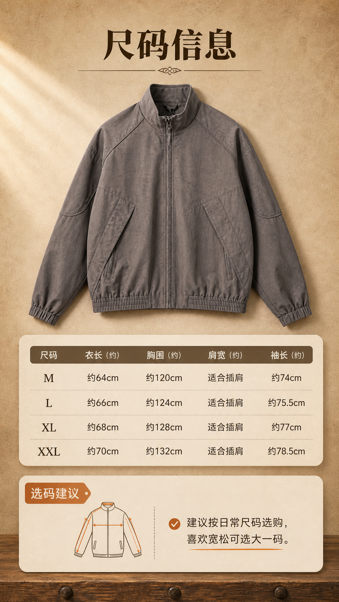 [商品] 使用【图1】棕褐色复古立领短款工装夹克；商品处理：保… - 图片创意预览