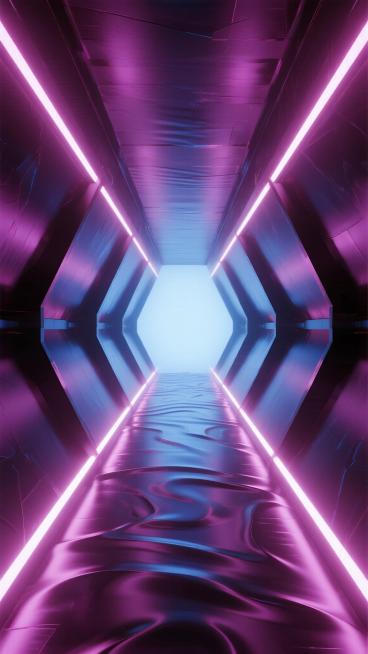 未来感科技风格的直播间背景，呈现深邃的紫色与动感的蓝色渐变色调，延续原有的无限延伸的对称走廊结构，两侧为光滑的半透明玻璃材质墙面，顶部和底部边缘有明亮的白色霓虹光带勾勒轮廓，地面反射出光线形成流畅的线条纹理，尽头是柔和的发光光源营造出空间纵深感，整体保持简洁的科技感与空旷感，色彩统一且富有视觉冲击力，光线明亮均匀适合直播场景。预览效果