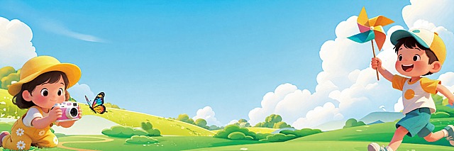 完全复刻这张插画的画面构图、人物、场景和风格，去掉画面中所有的文字和文字装饰元素（包括"带着小小的你"、"去看大大的山"、黄色笑脸气泡、纸飞机、气泡装饰、脚印、星星装饰等所有文字及文字相关图形）。保留左侧戴黄色帽子拿粉色相机的小女孩、蝴蝶、右侧拿风车奔跑的小男孩，保留蓝天白云、绿色草地山坡、小路、小花朵等全部背景场景。整体风格为可爱的儿童插画风格，色彩明亮清新，画面干净完整，没有任何文字。